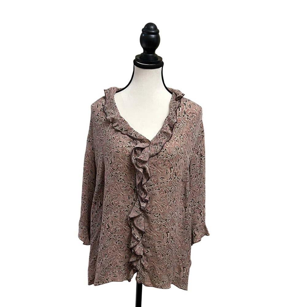 Lane Bryant Blouse Top 18/20 Paisley Ruffle Front Silk‎ Blend Elegant Womens